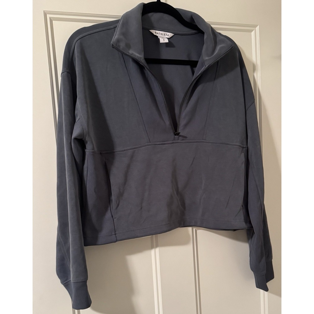 Athleta Cropped 1/4 Zip Pullover Sweatshirt Blue Women's Small Long Sleeve